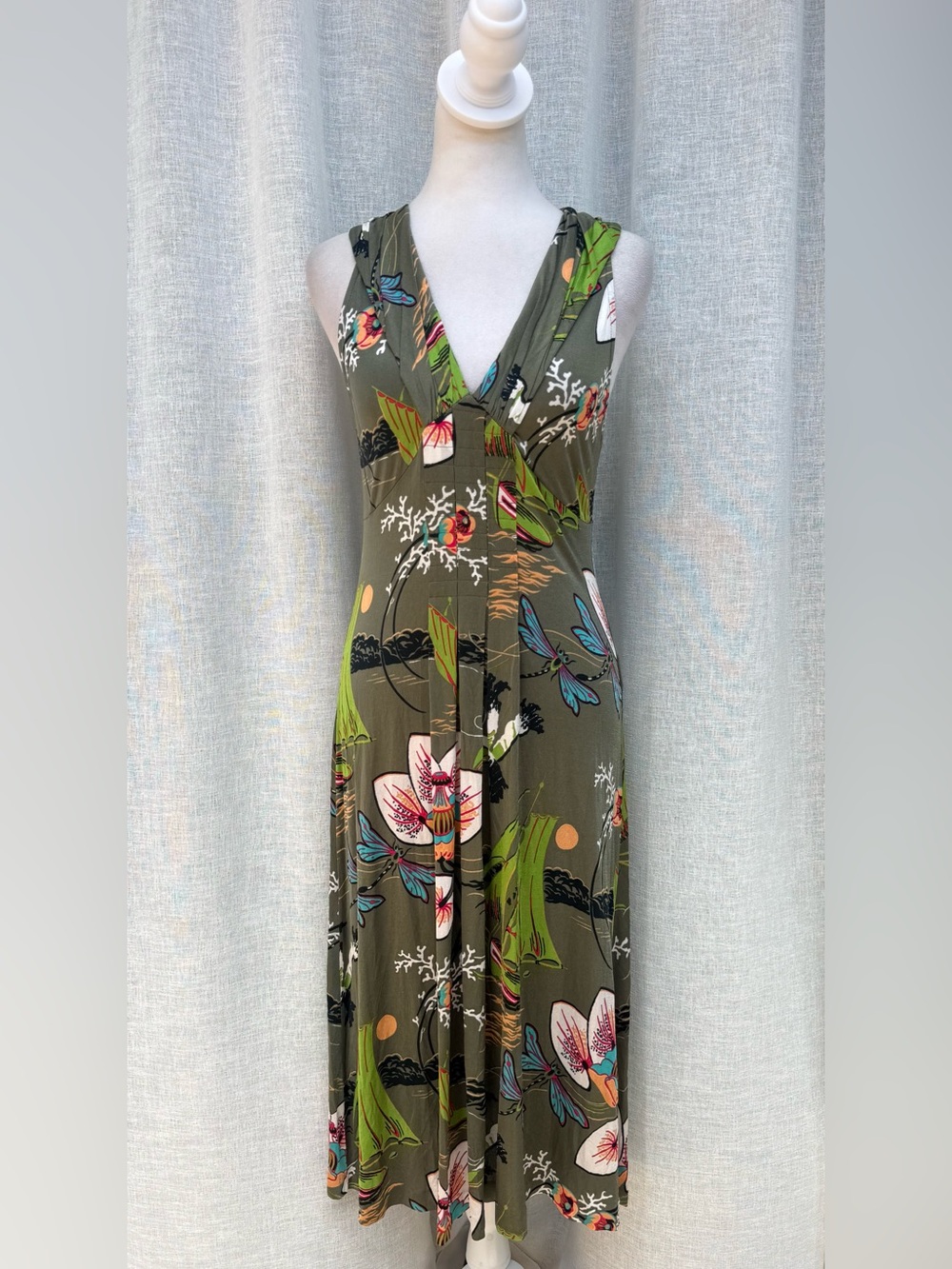 ETRO Milano sleeveless stretch silk green floral butterfly dress knee length